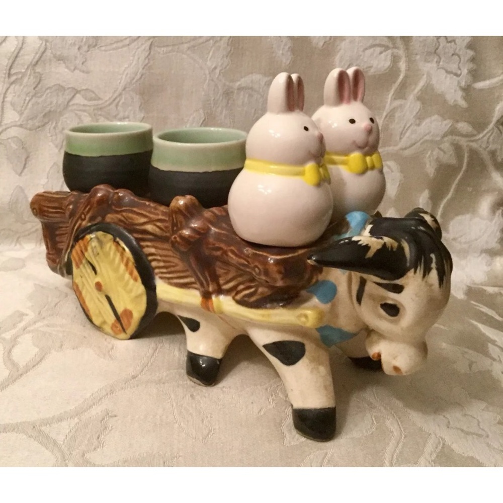 Vintage Donkey Cart Cruet-Hand Painted For Salt/Pepper Shakers and Cream Sugar